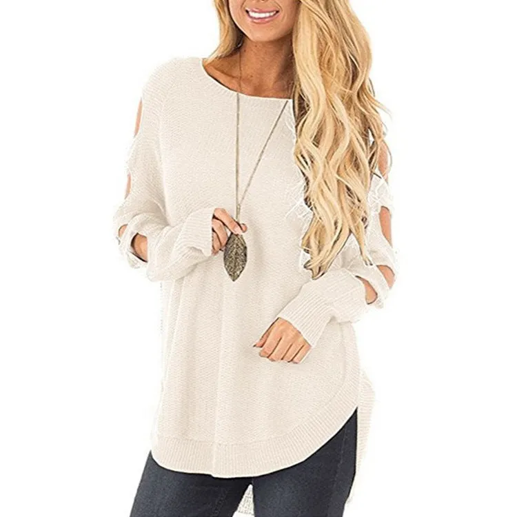 Strapless Shoulder Openwork Round Neck Sweaters