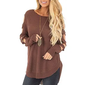 Strapless Shoulder Openwork Round Neck Sweaters