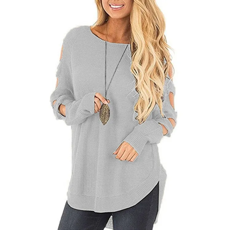 Strapless Shoulder Openwork Round Neck Sweaters