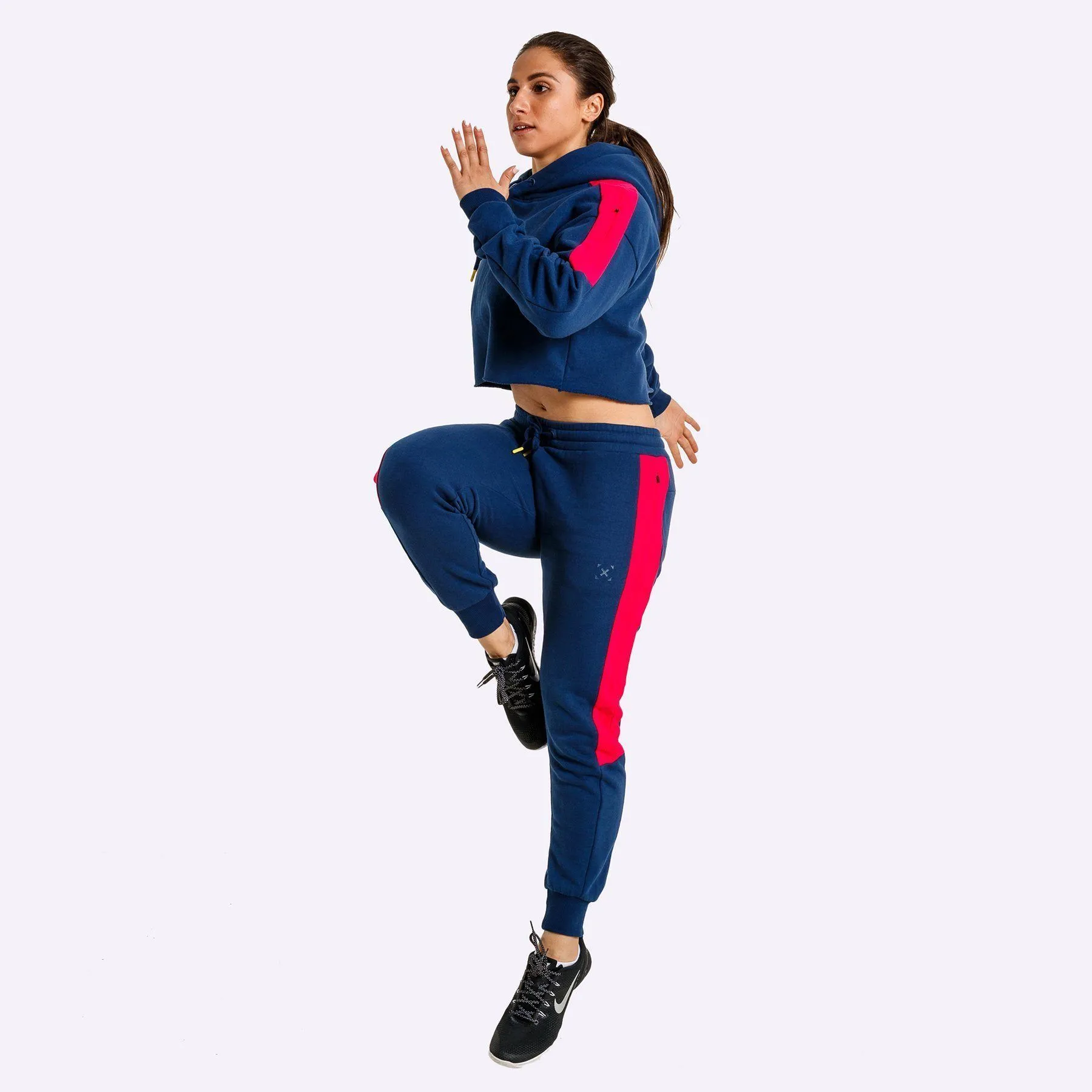 The WOD Life - Women's Wanderer Cropped Hoodie and Pants Set - Indigo/Cerise