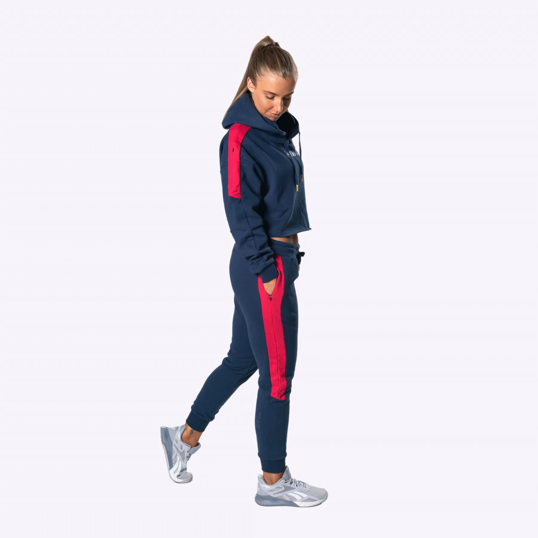 The WOD Life - Women's Wanderer Cropped Hoodie and Pants Set - Indigo/Cerise