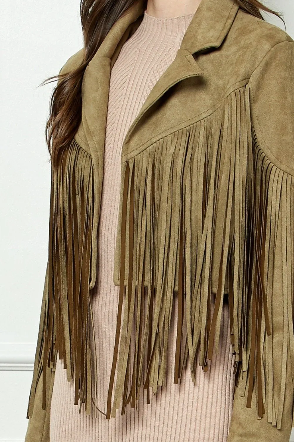 Veveret® Suede Fringe Long Sleeve Moto Jacket