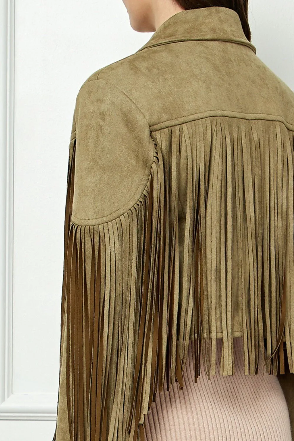 Veveret® Suede Fringe Long Sleeve Moto Jacket