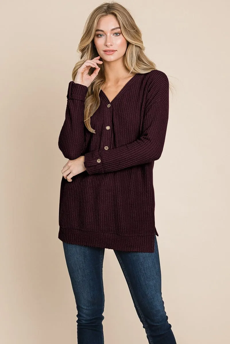 Waffle Brushed V Neck Knit Henley Sweater Sweatshirts