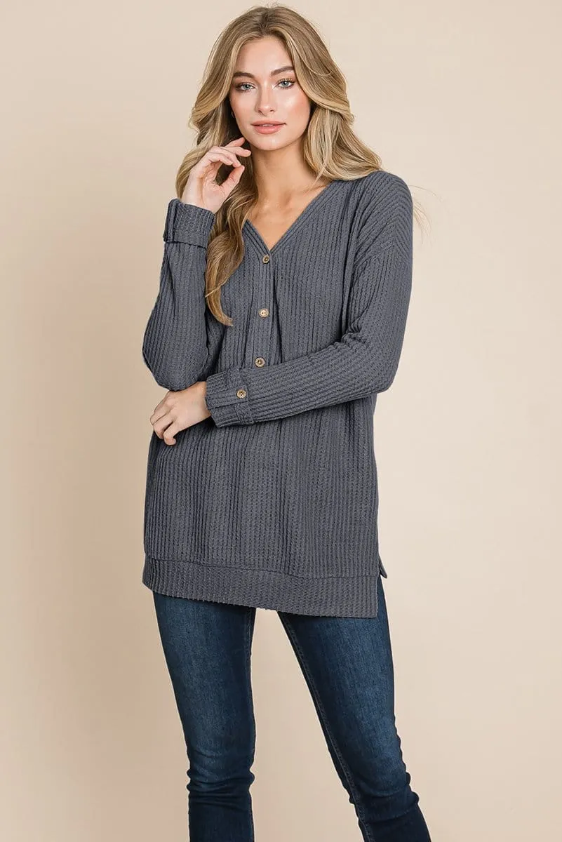 Waffle Brushed V Neck Knit Henley Sweater Sweatshirts