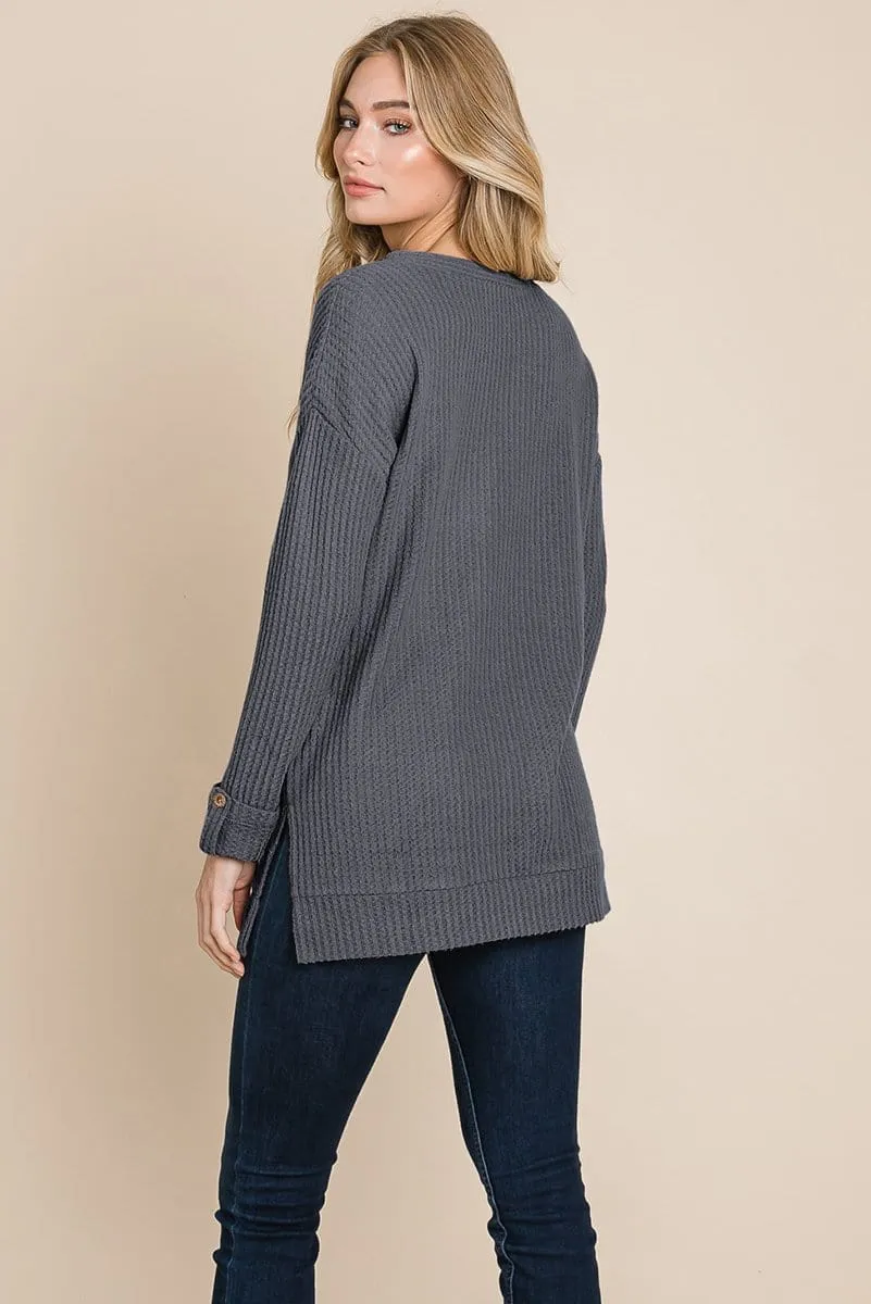 Waffle Brushed V Neck Knit Henley Sweater Sweatshirts