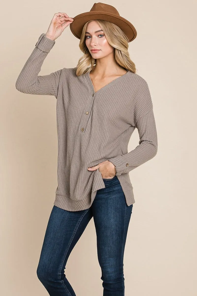 Waffle Brushed V Neck Knit Henley Sweater Sweatshirts