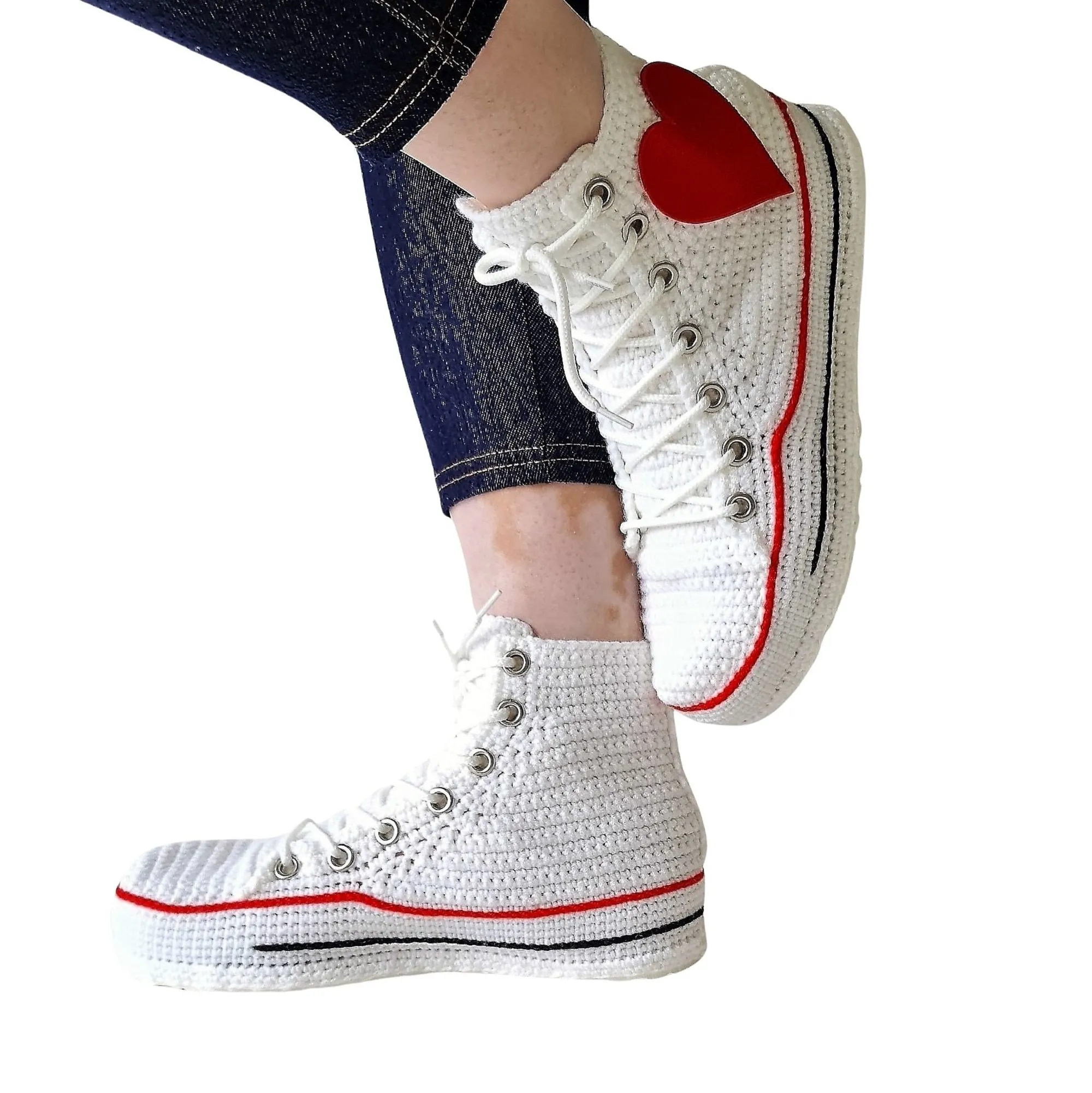 White Converse Embroidery Love Heart Patch High Tops Platform Sneakers Slippers Plush Shoes