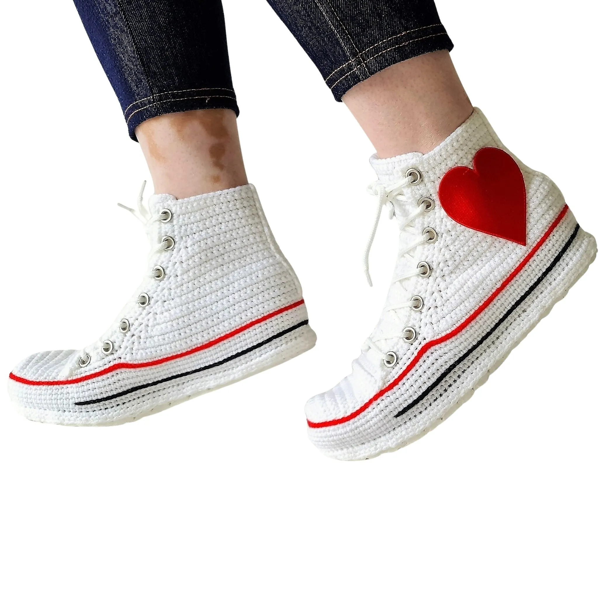 White Converse Embroidery Love Heart Patch High Tops Platform Sneakers Slippers Plush Shoes