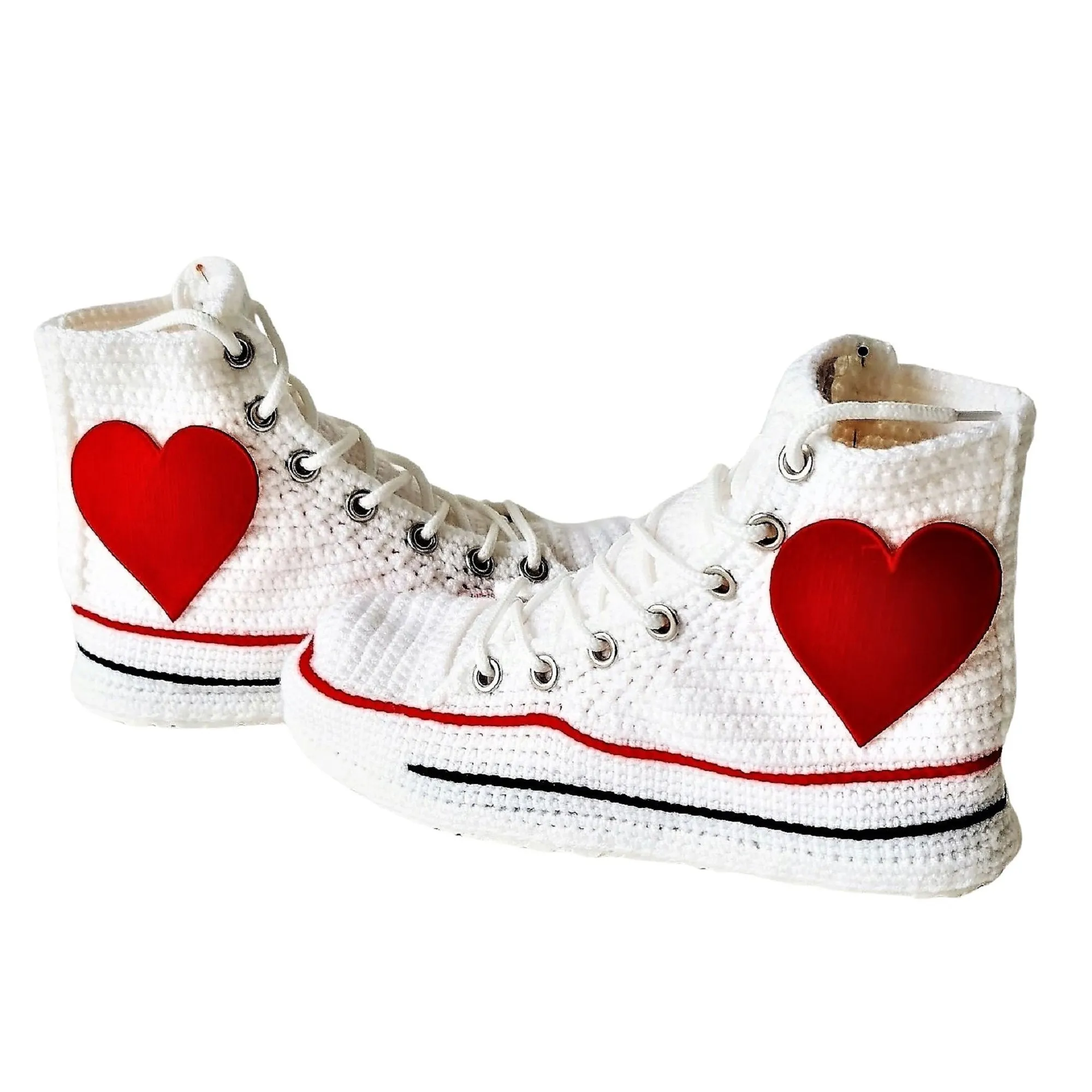 White Converse Embroidery Love Heart Patch High Tops Platform Sneakers Slippers Plush Shoes