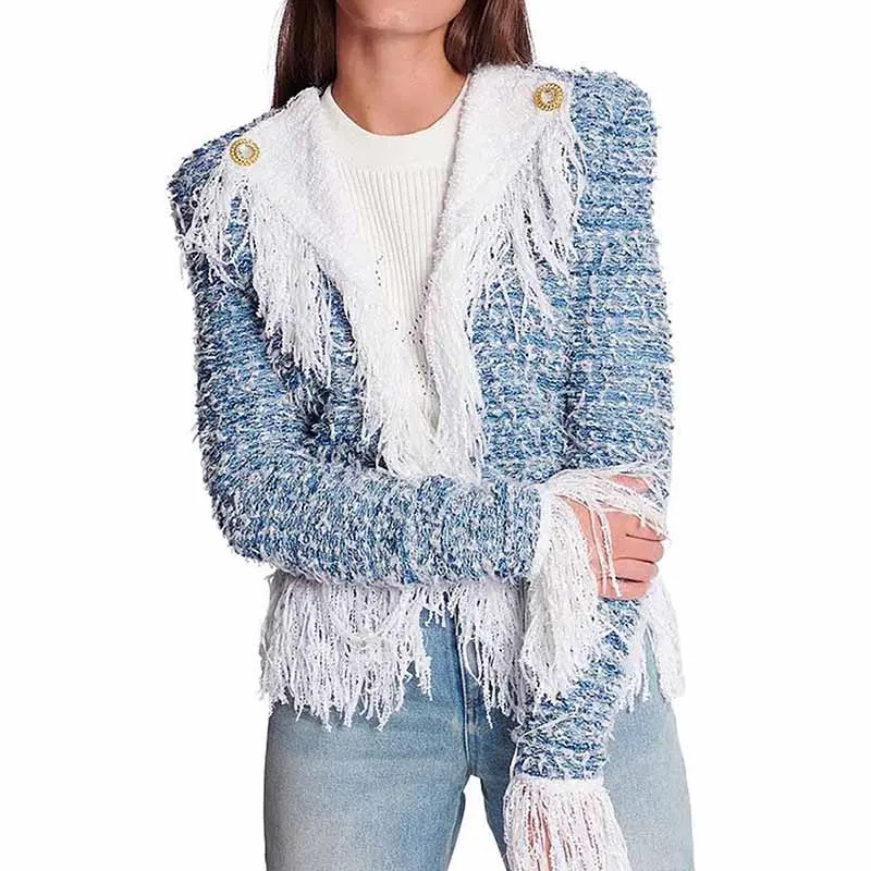 Women Tweed Jacket With Fringe Cardigan Jacket