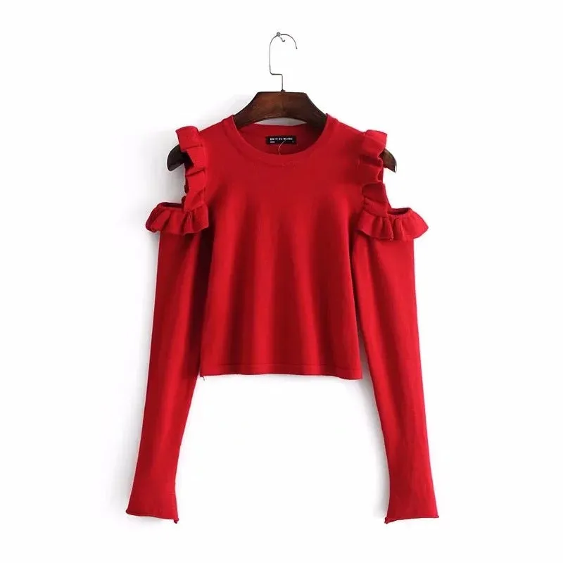 Wooden Ear Strapless Shoulder Round Neck Sweaters