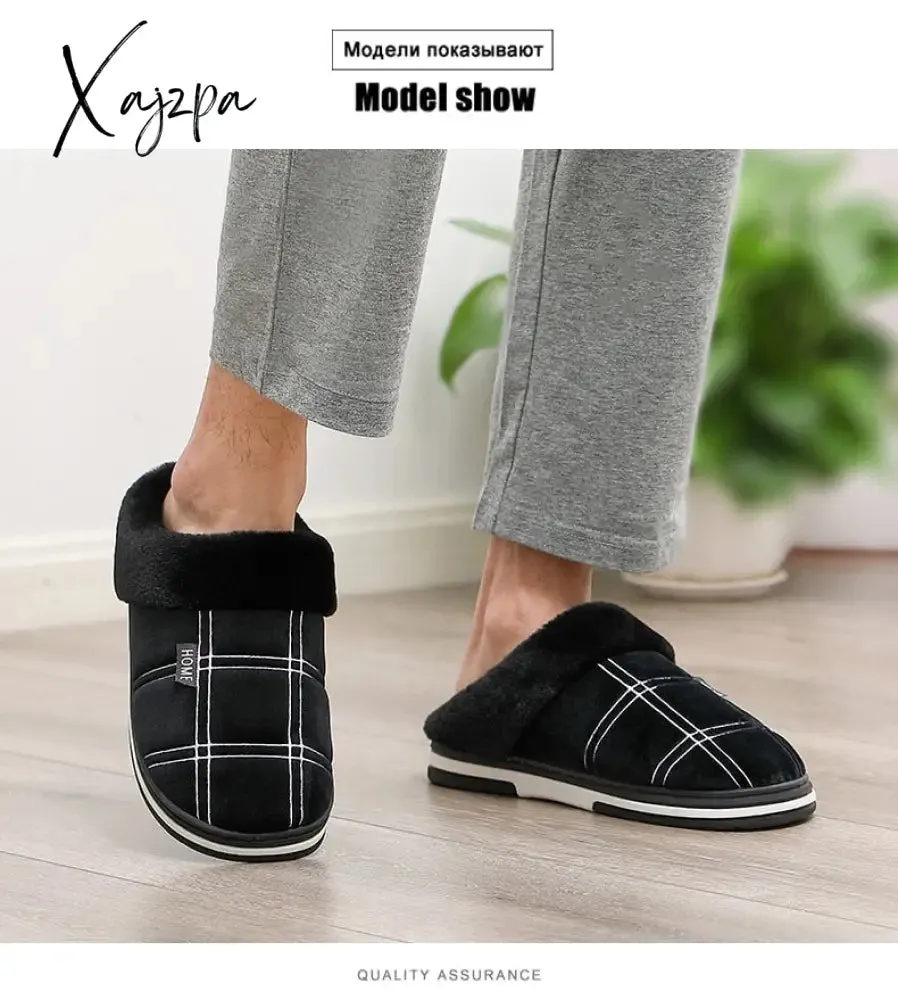 Xajzpa - Winter warm slippers men Suede Gingham Short plush Indoor shoes for male Non slip Cozy Velvet Waterproof Fur home men slippers