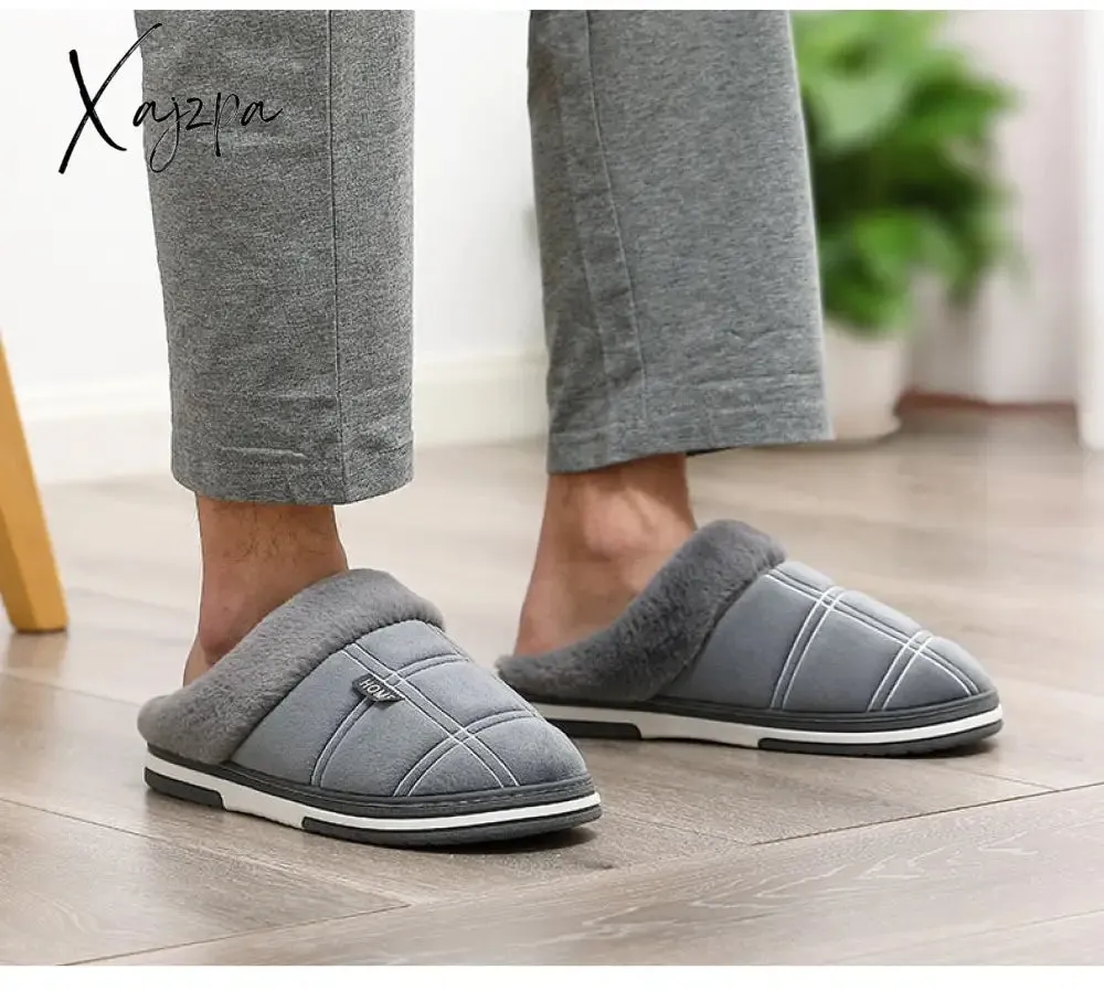 Xajzpa - Winter warm slippers men Suede Gingham Short plush Indoor shoes for male Non slip Cozy Velvet Waterproof Fur home men slippers