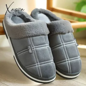 Xajzpa - Winter warm slippers men Suede Gingham Short plush Indoor shoes for male Non slip Cozy Velvet Waterproof Fur home men slippers